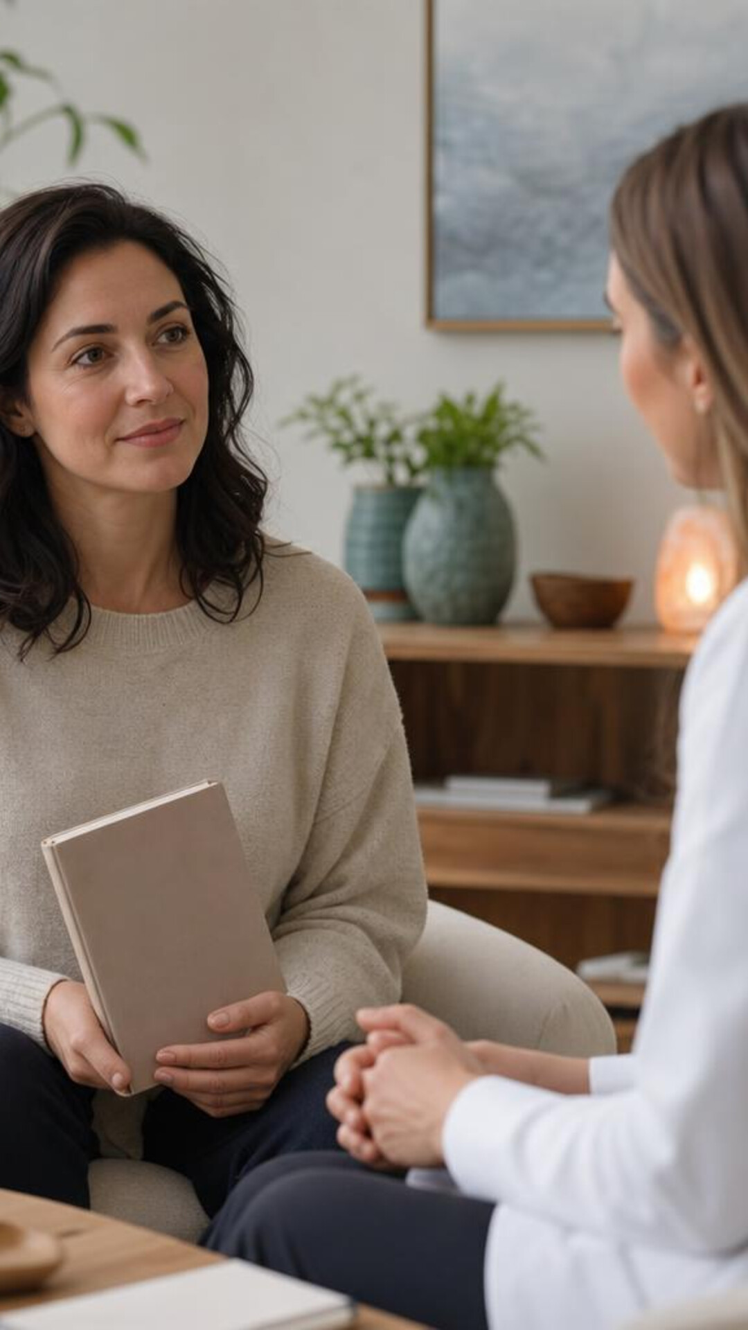 A woman discusses her health with a clinician during a private consultation.