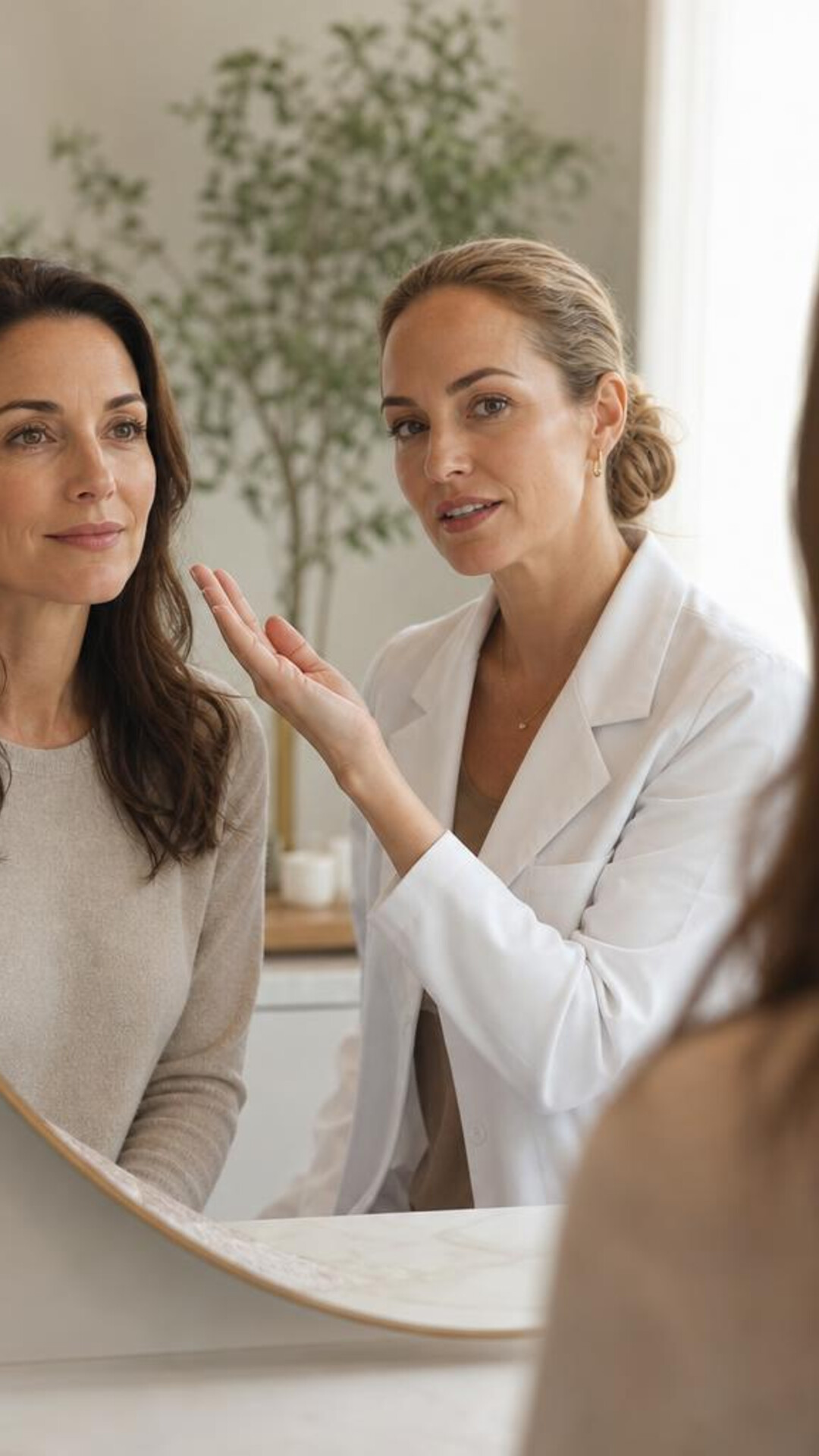 A clinician and patient discuss aesthetic care in a private room.