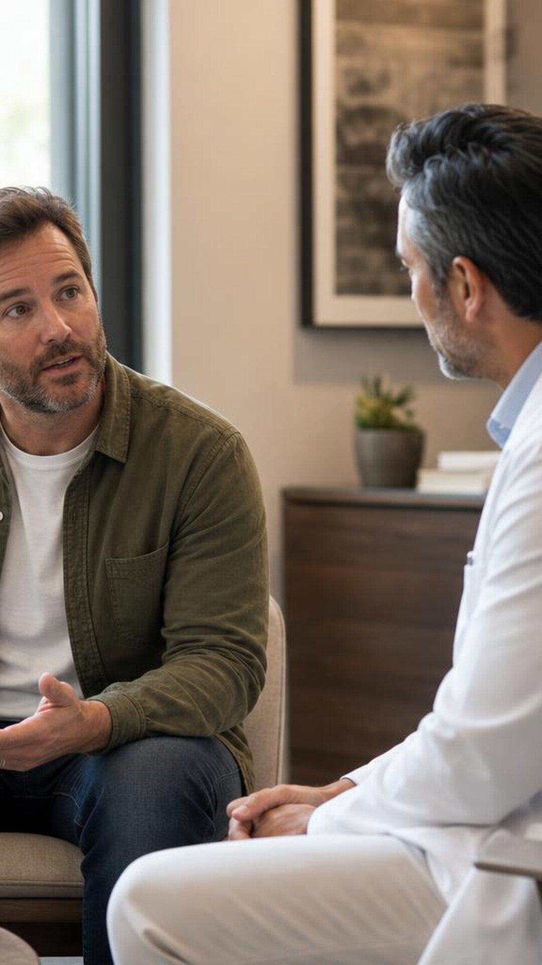 A man speaks with a clinician during a one-to-one visit.