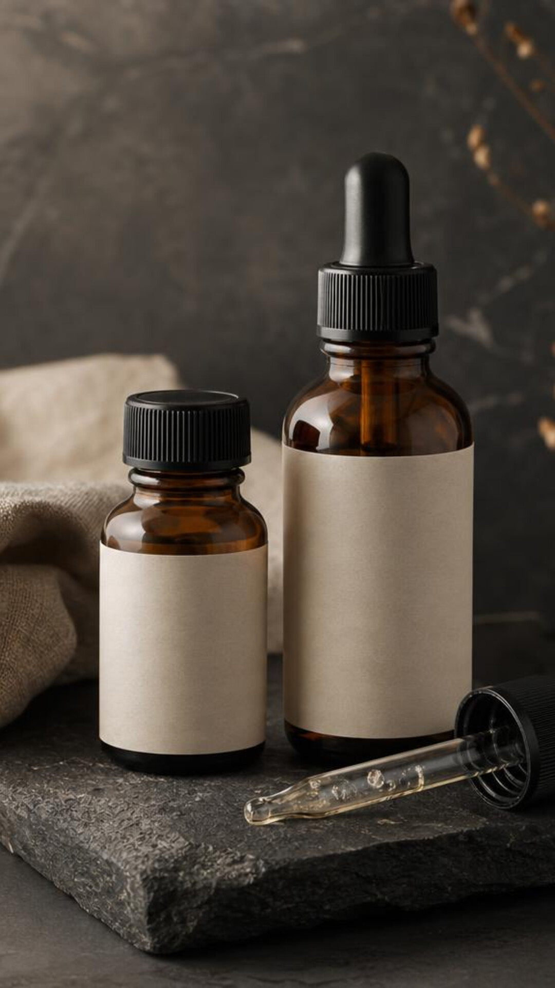 Unbranded amber wellness bottles and a dropper on a neutral surface.