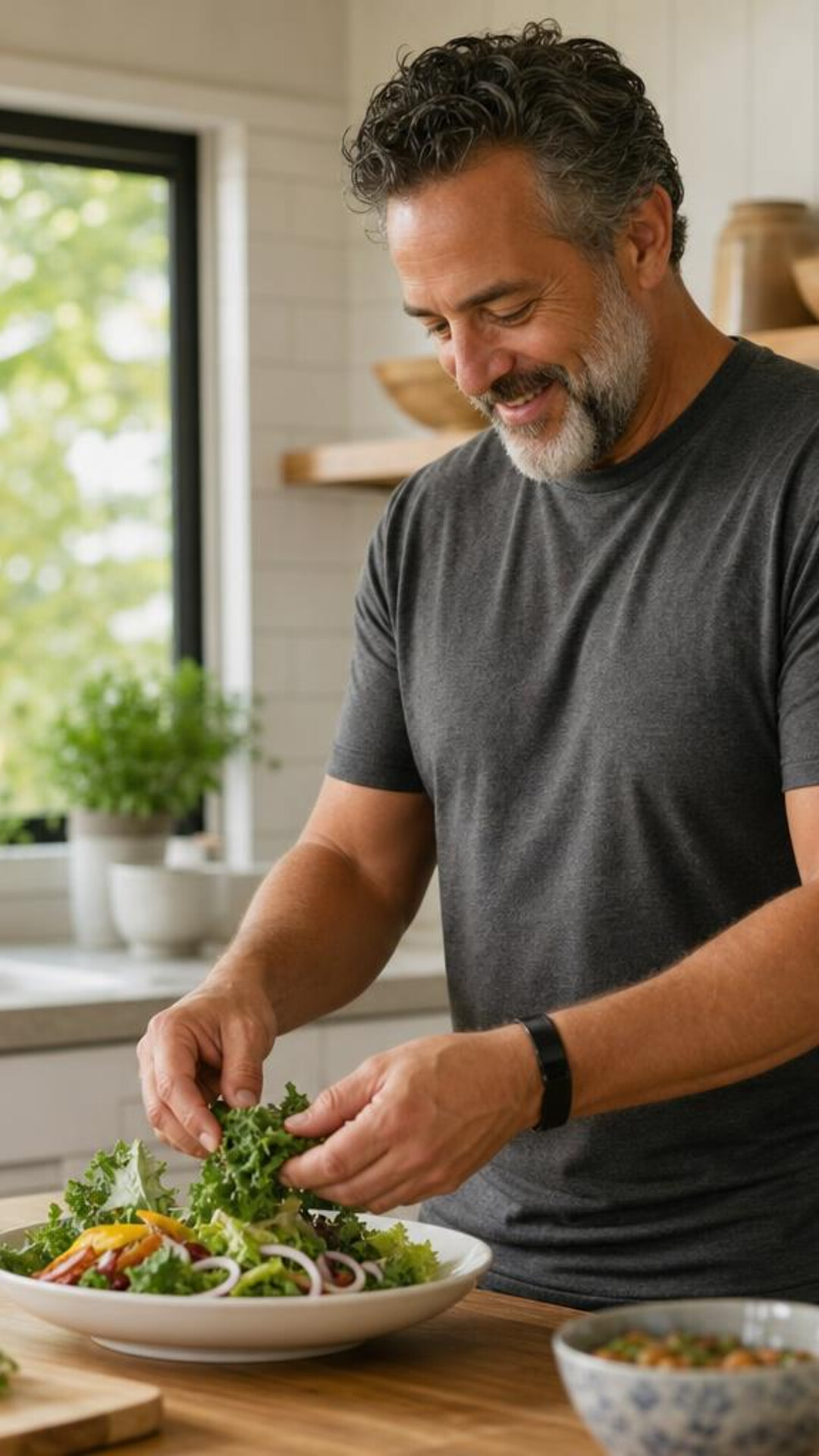 A man prepares fresh vegetables at a kitchen counter.