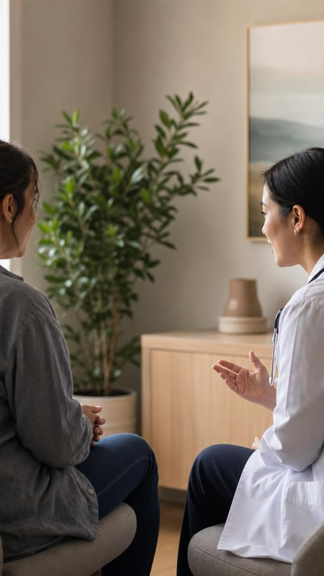 Two people talk in a bright, comfortable room.