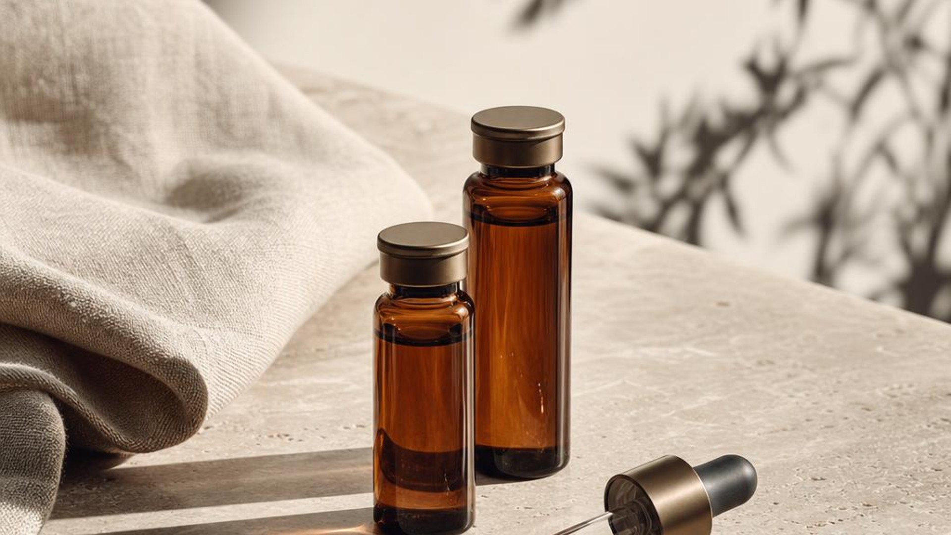 Unbranded wellness vials arranged on a warm stone surface.